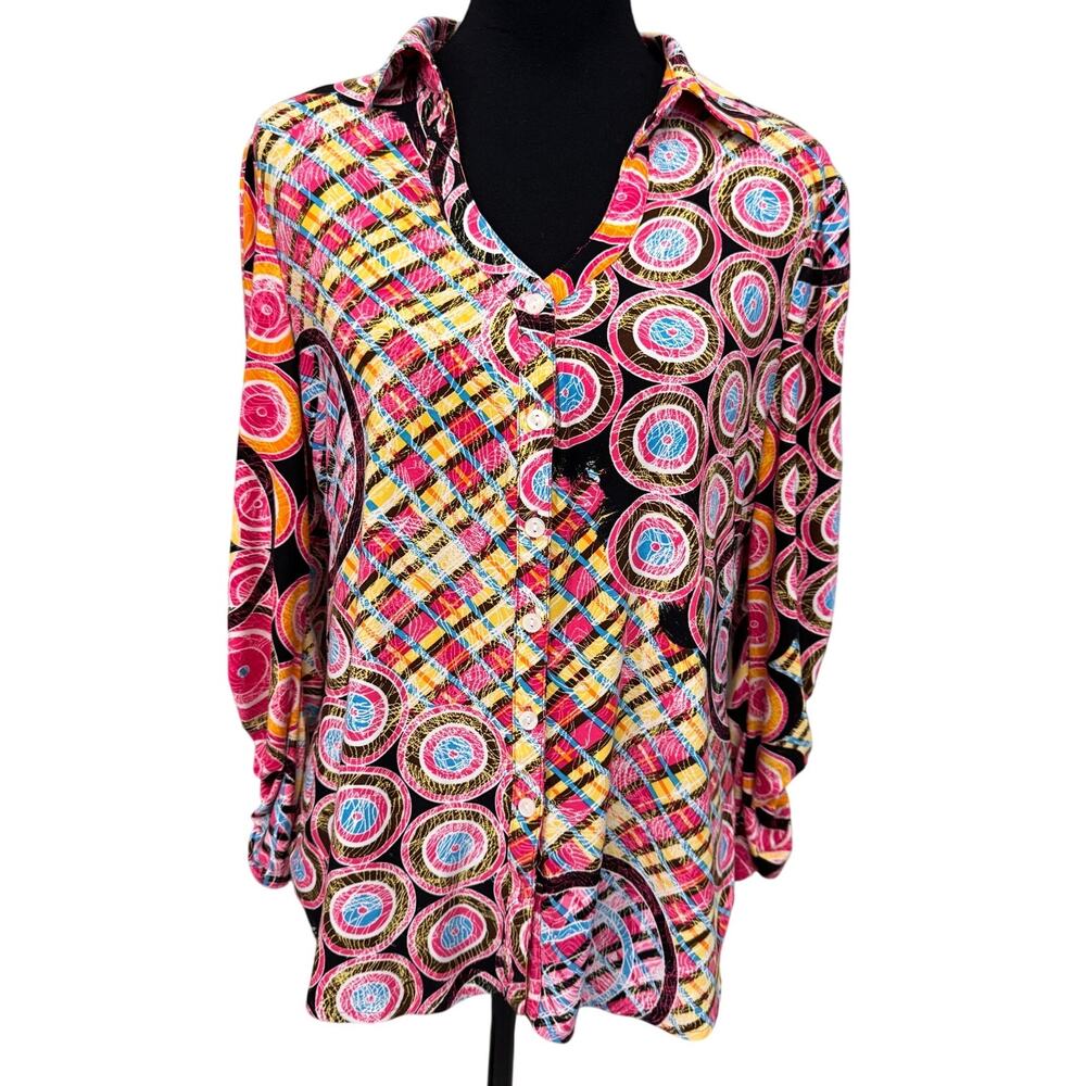 NEW PETER NYGARD Women's Printed Button Down Ruched Sleeve Shirt Size L
